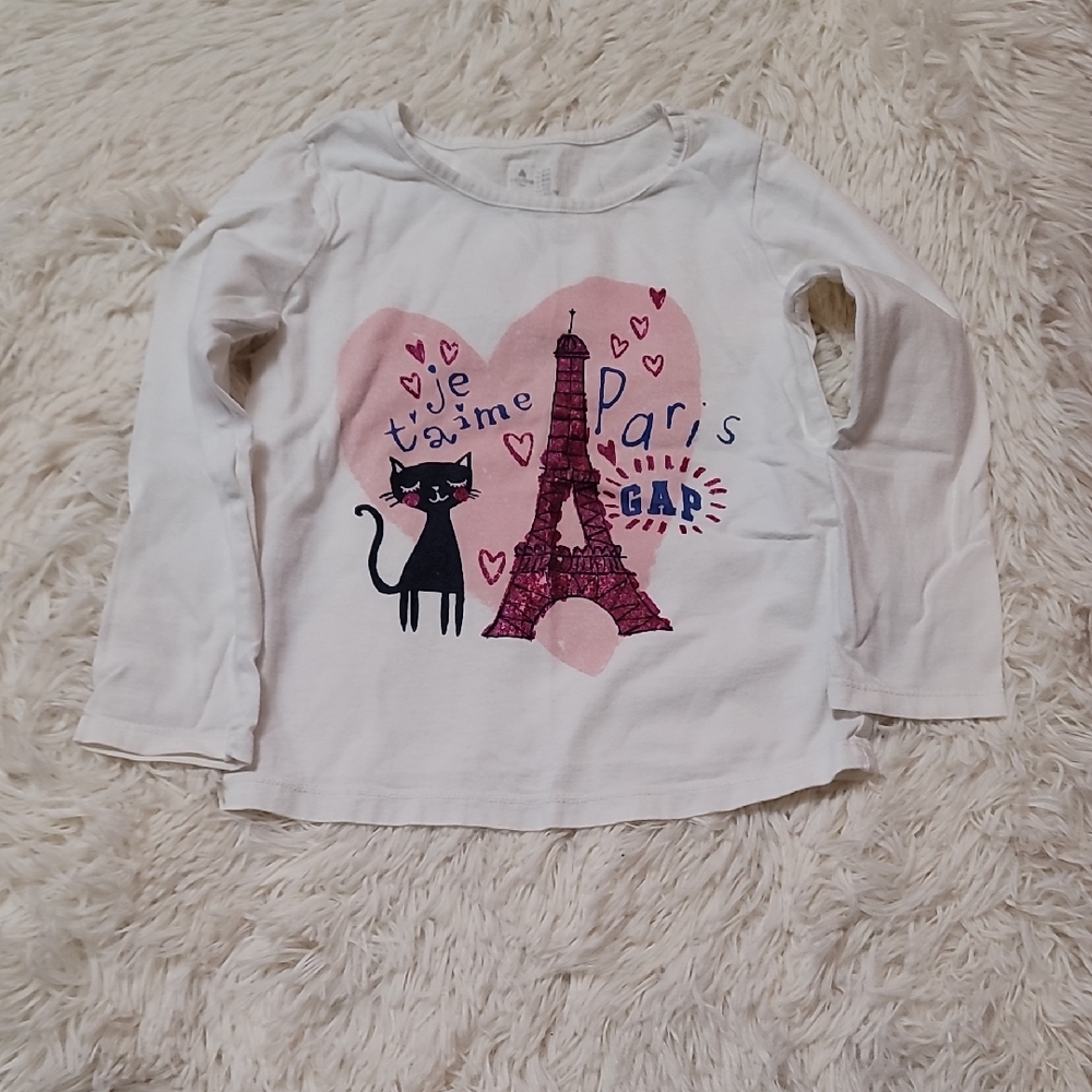 GAP, White and Pink Long Sleeve Tee with Paris Graphic, Size 4, Girls